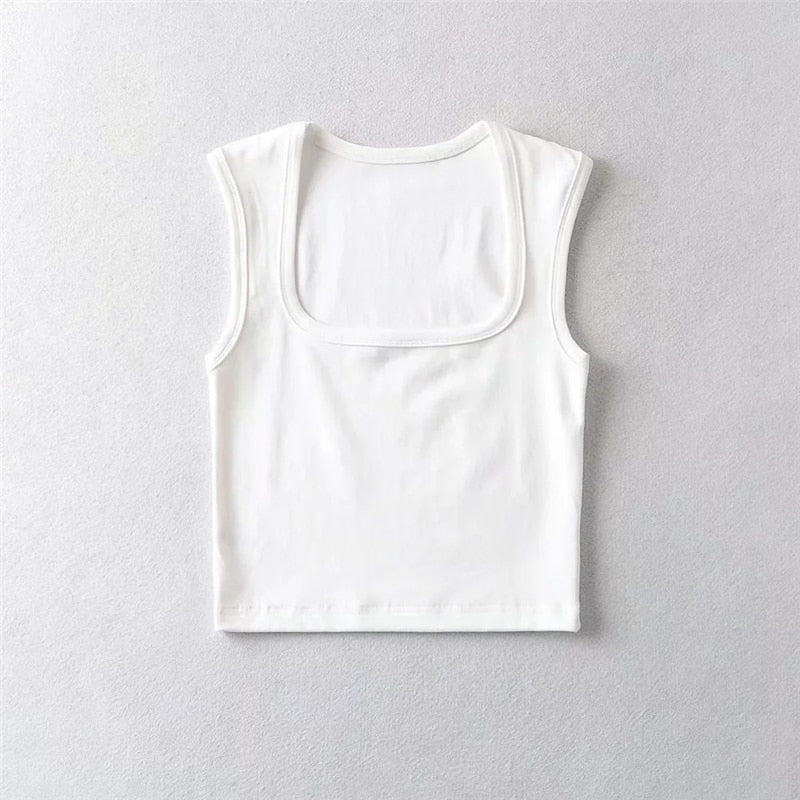 LUNDUNSHIJIA Fashion Square Neck Sleeveless Summer Crop Tops Women Casual Basic T Shirt Off Shoulder Cami Sexy Tank Top - POA