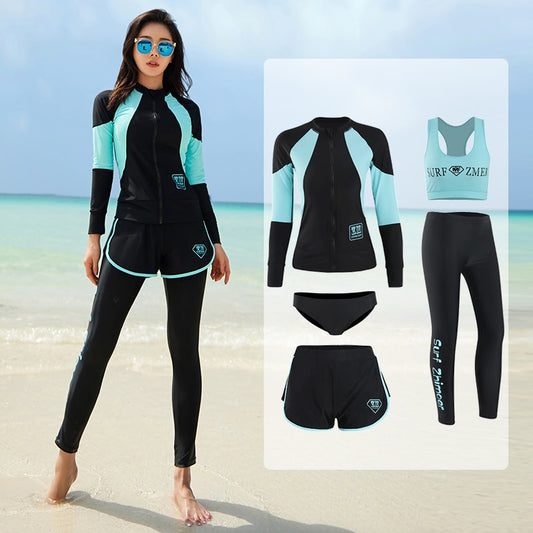 Long Sleeve Rash Guard Women Patchwork 5 Pieces Swimsuit Zipper Swimwear Bathing Suits Surfing Pad Long Pant Couples Men 3 Piece - POA