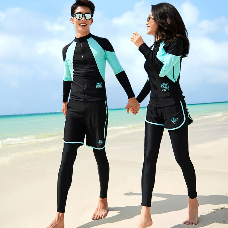 Long Sleeve Rash Guard Women Patchwork 5 Pieces Swimsuit Zipper Swimwear Bathing Suits Surfing Pad Long Pant Couples Men 3 Piece - POA