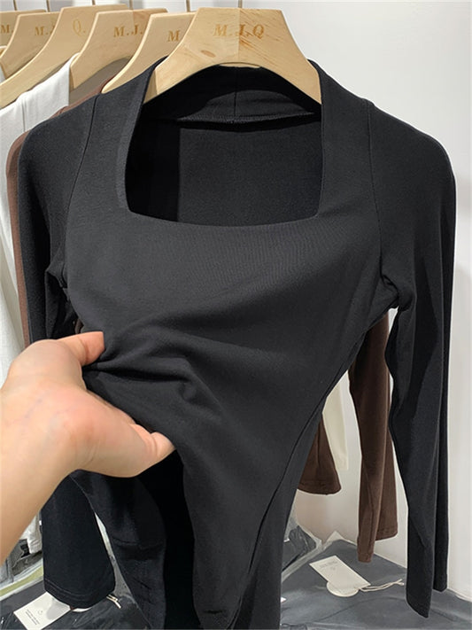 New Spring Top Sexy T Shirt Women Elasticity T-Shirt Summer Tee Woman Clothes Slim Tshirt Female Skinny Cotton Long Sleeve Tops - POA