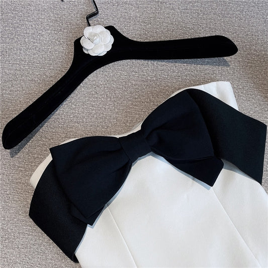 New Summer Collection Sleeveless Black Bow White Off The Shoulder Slim Mini Dress