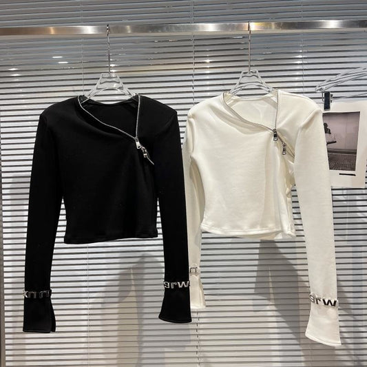 Autumn New Arrivals Long Sleeve Zipper V Neck Letters Bandage Long Sleeve T Shirt Women GG815