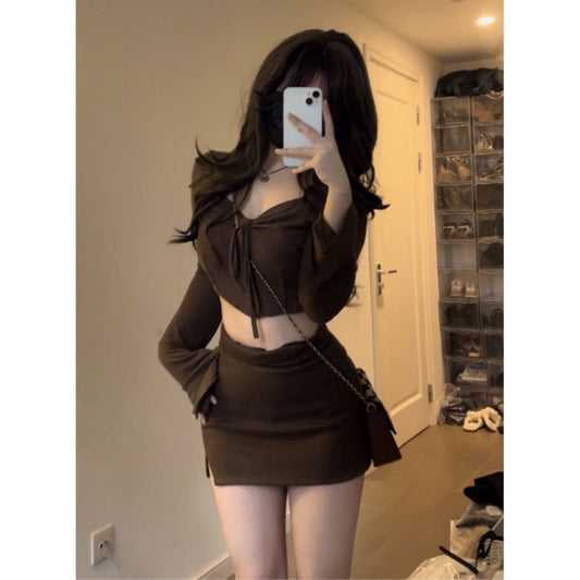 Pure Desire New Spring/Summer American Spicy Girls' Irregular Pleated Bottom, Square Neck, Long Sleeve Top, Y2k Half Skirt Set - POA