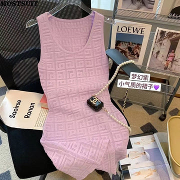 Purple Jacquard Slim Knit Pencil Mini Dress Women 2023 Summer Sleeveless Sexy Streetwear Solid Fashion Chic Ladies Vestidos - POA