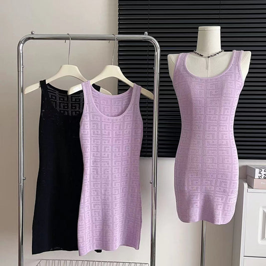 Purple Jacquard Slim Knit Pencil Mini Dress Women 2023 Summer Sleeveless Sexy Streetwear Solid Fashion Chic Ladies Vestidos - POA