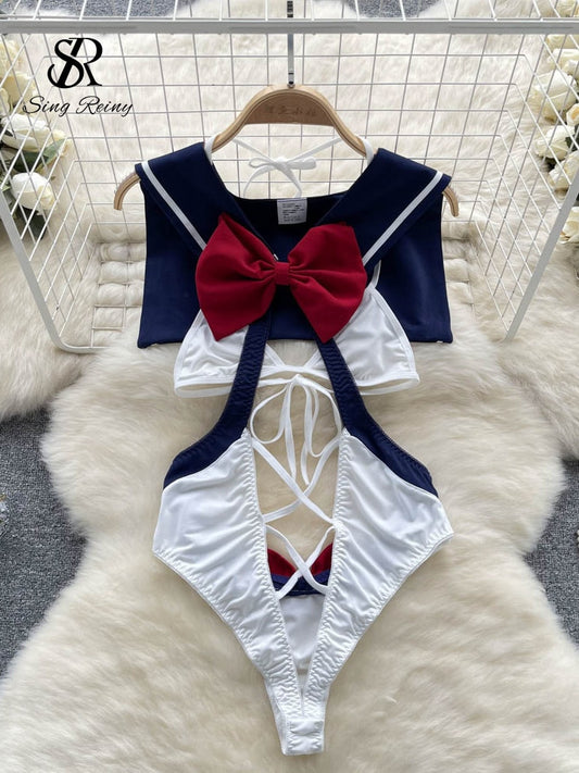 SINGREINY Japan Style Hollow Out Sexy Playsuits Women Bow Sweet Preppy Slim Rompers Sleeveless Lace Up Erotic Lingerie Bodysuits - POA