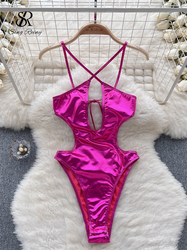 SINGREINY Open crotch Solid Beach Swimsuits Romper Fashion Hollow Out Sheath Women Bodysuits Backless Camis Sexy Bikini Playsuit - POA