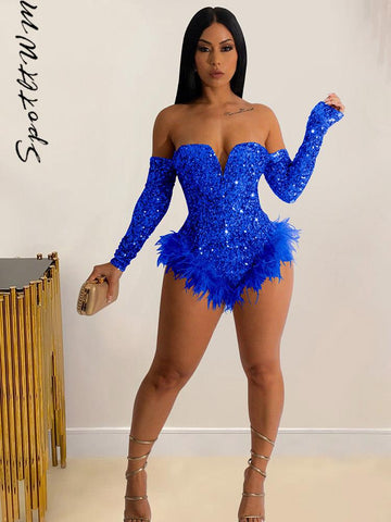 Sexy Feather Sequined Hem Details Bodysuits Women Off Shoulder Long Sleeve Skinny Playsuit 2023 Lady Evening Clubwear Outfits