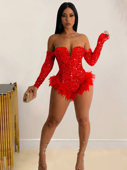 Sexy Feather Sequined Hem Details Bodysuits Women Off Shoulder Long Sleeve Skinny Playsuit 2023 Lady Evening Clubwear Outfits