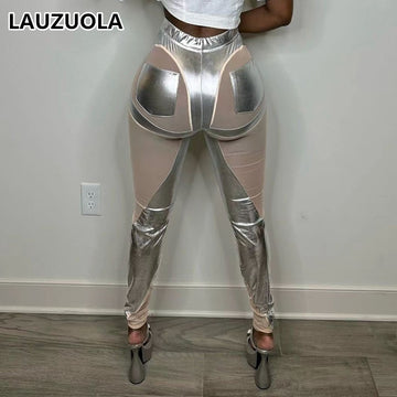 Sexy See Through Mesh Patchwork Silver Leggings 2023 New Summer Fashion Elegant Night Club Party Skinny Tight Pant