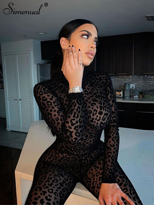 Simenual Animal Instinct Mesh Bodystocking Leopard See Through Velour Long Sleeve Rompers Womens Jumpsuit Sexy Midnight Clubwear - POA