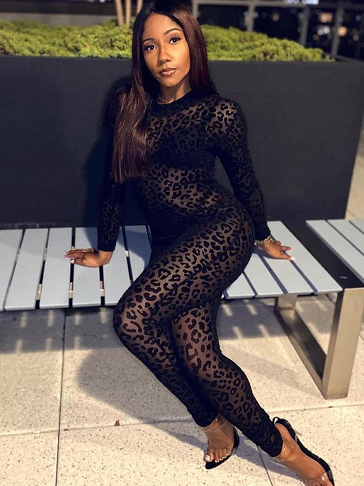 Simenual Animal Instinct Mesh Bodystocking Leopard See Through Velour Long Sleeve Rompers Womens Jumpsuit Sexy Midnight Clubwear - POA