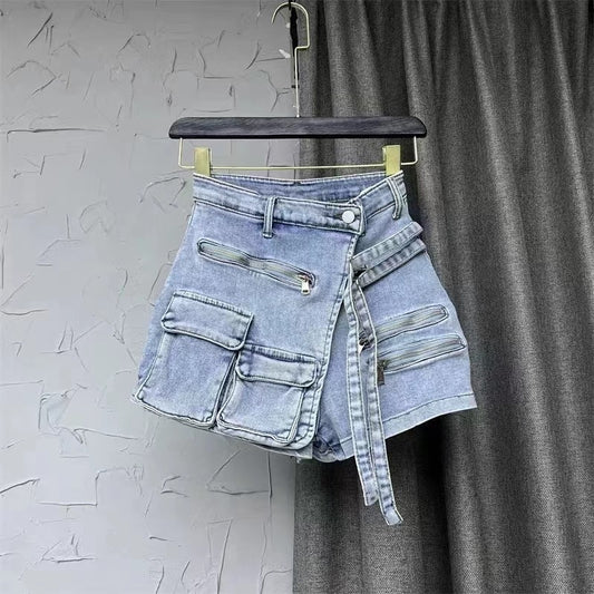 Soefdioo Solid Cargo Pocket Denim Jeans Shorts Women Sexy High Waisted Stretch Summer Casual 2023 Female Bottoms Short Pants - POA