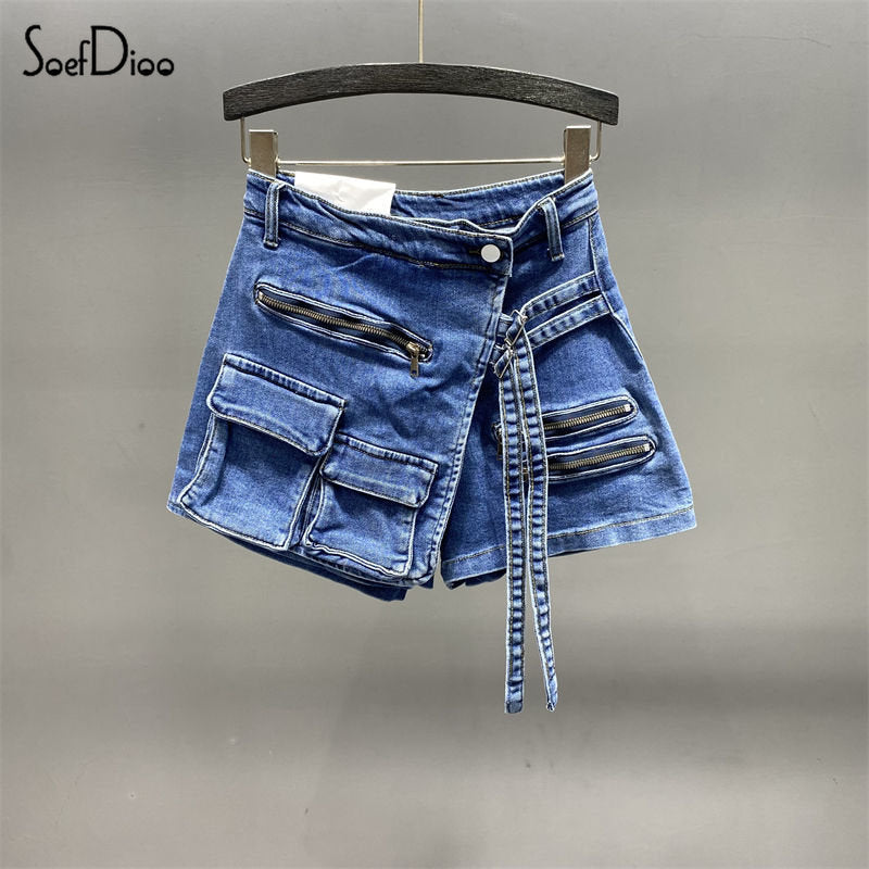 Soefdioo Solid Cargo Pocket Denim Jeans Shorts Women Sexy High Waisted Stretch Summer Casual 2023 Female Bottoms Short Pants - POA