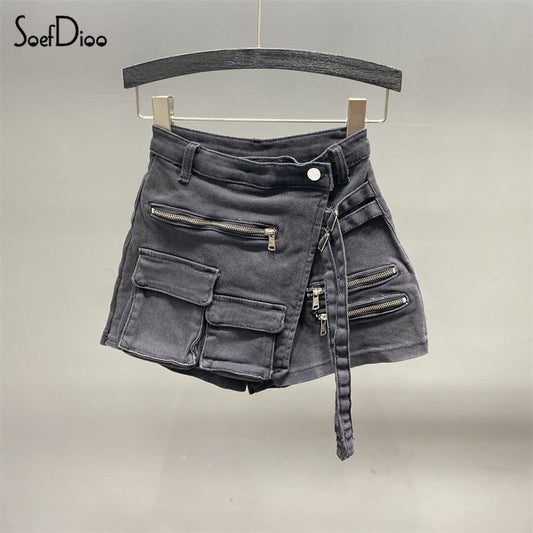 Soefdioo Solid Cargo Pocket Denim Jeans Shorts Women Sexy High Waisted Stretch Summer Casual 2023 Female Bottoms Short Pants - POA