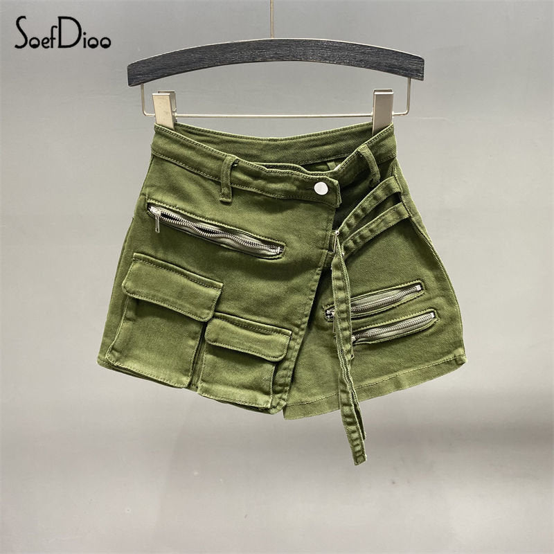 Soefdioo Solid Cargo Pocket Denim Jeans Shorts Women Sexy High Waisted Stretch Summer Casual 2023 Female Bottoms Short Pants - POA