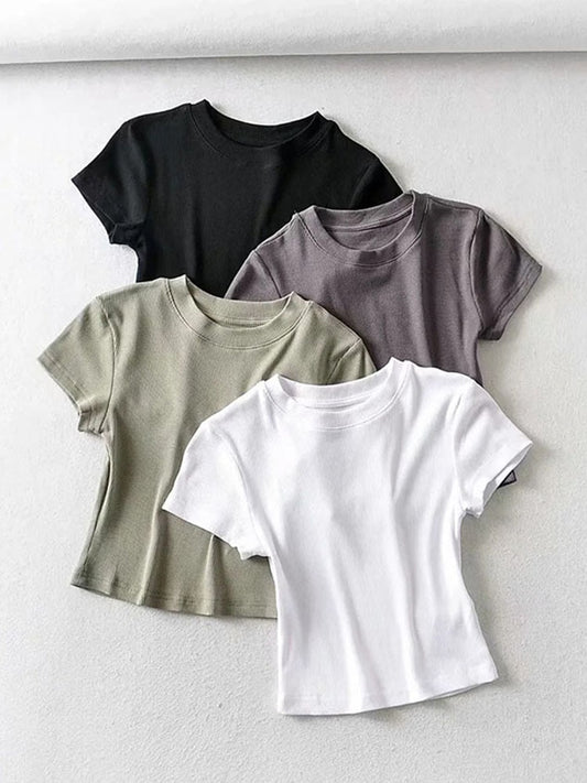 Summer Sexy Women O-neck Short-sleeve T-shirt Slim Elastic Skinny Crop Tops - POA