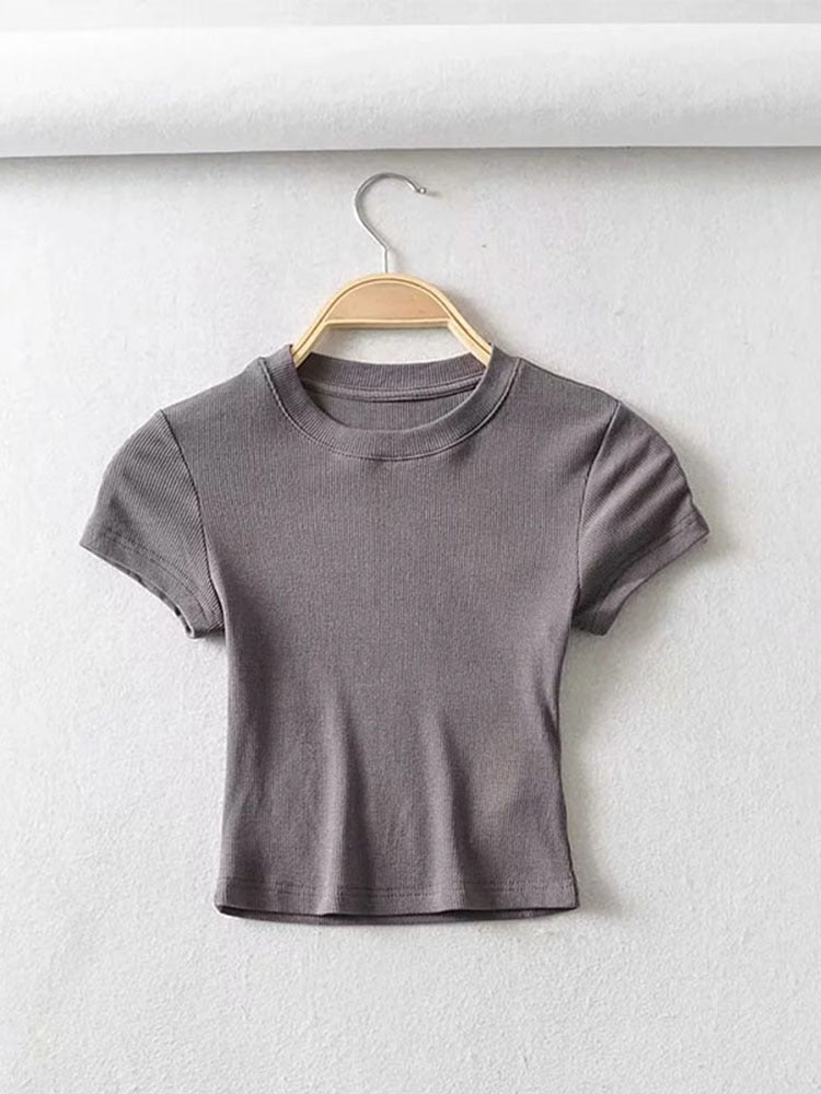 Summer Sexy Women O-neck Short-sleeve T-shirt Slim Elastic Skinny Crop Tops - POA