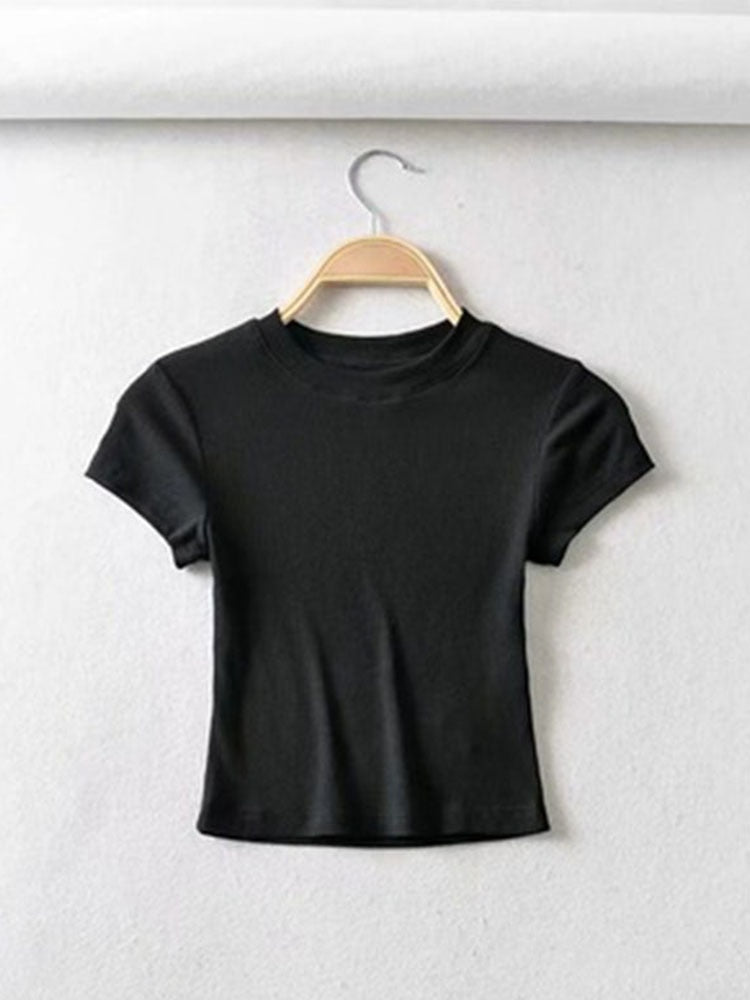 Summer Sexy Women O-neck Short-sleeve T-shirt Slim Elastic Skinny Crop Tops - POA