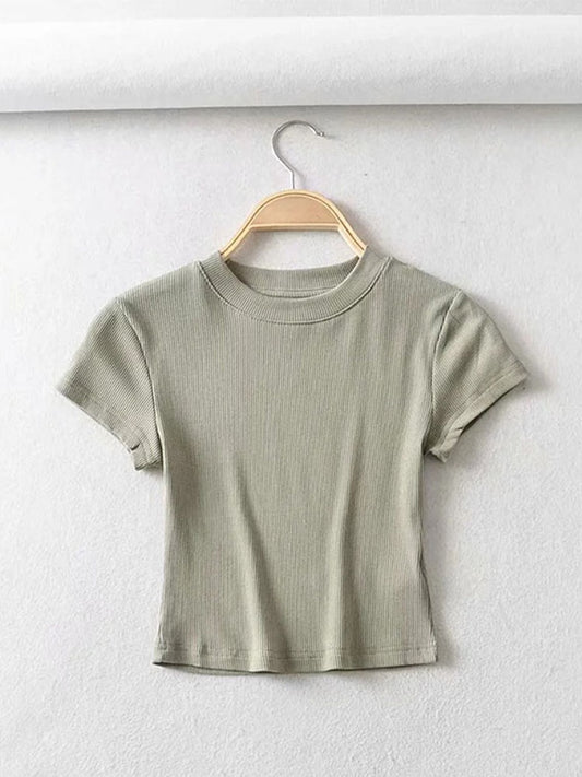 Summer Sexy Women O-neck Short-sleeve T-shirt Slim Elastic Skinny Crop Tops - POA