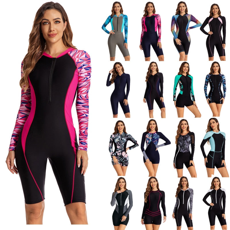 Surfing One Piece Swimsuit Print Long Sleeve Zipper Front Women Swimwear Bathing Suit Rash Guard Surfing Swimming Suit 2023 new - POA