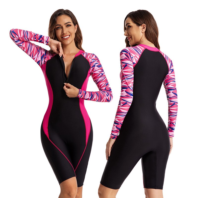 Surfing One Piece Swimsuit Print Long Sleeve Zipper Front Women Swimwear Bathing Suit Rash Guard Surfing Swimming Suit 2023 new - POA