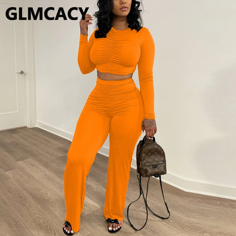 Two Piece Casual Suits Long Sleeve Solid Crop Top & Slim Pants Set - POA