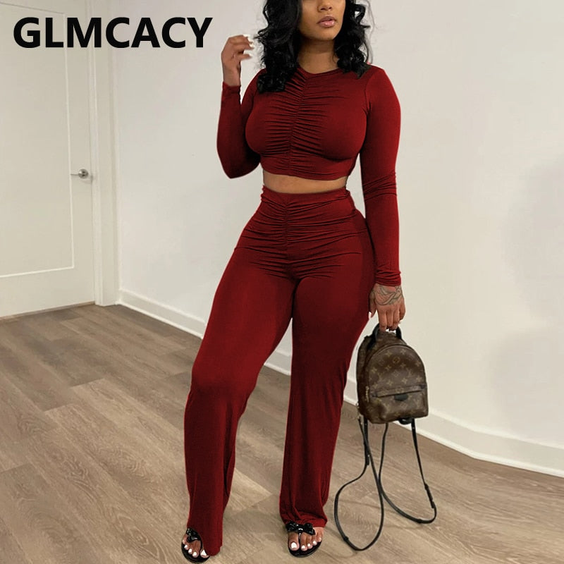 Two Piece Casual Suits Long Sleeve Solid Crop Top & Slim Pants Set - POA