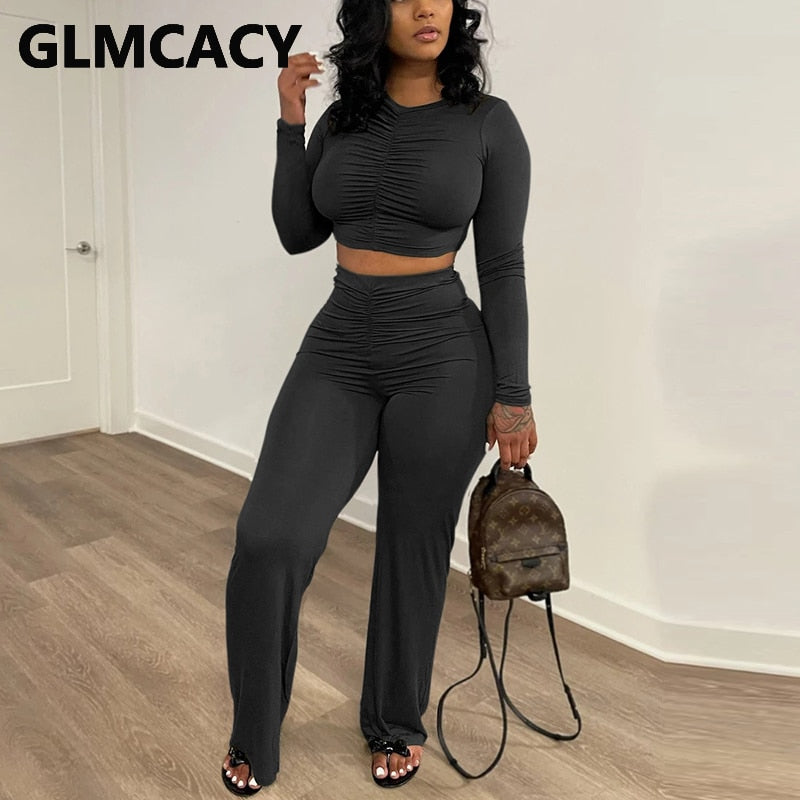 Two Piece Casual Suits Long Sleeve Solid Crop Top & Slim Pants Set - POA