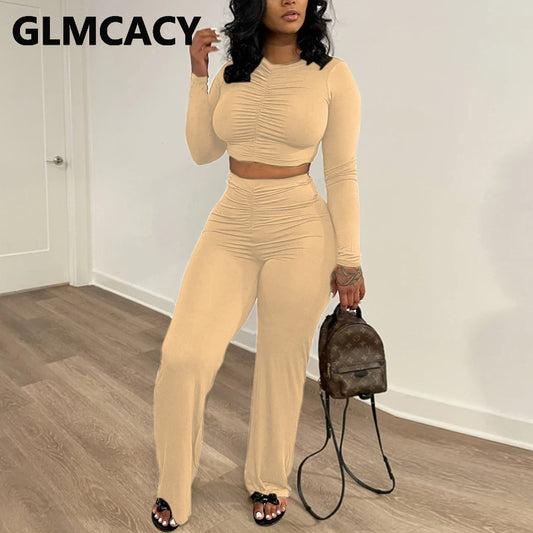 Two Piece Casual Suits Long Sleeve Solid Crop Top & Slim Pants Set - POA