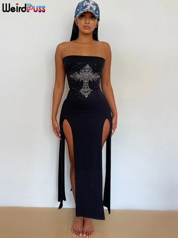 Weird Puss Strapless Dress Women Cross Rhinestone Hollow Backless Sexy Coquette Bodycon Stretch Skinny Midnight Party Clothing - POA