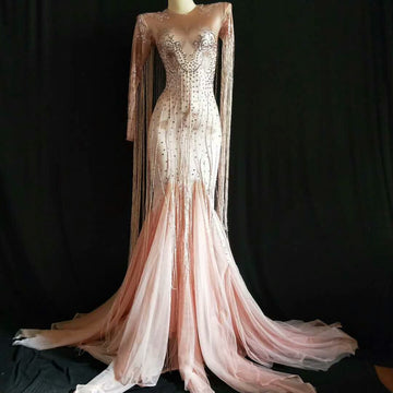 Pink Tassel Long Dress Sparkly Rhinestones Evening Party Gown, Singer Performance Stage Wear