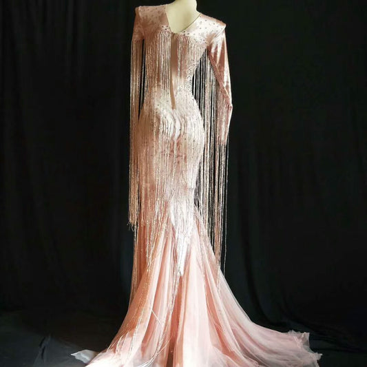 Pink Tassel Long Dress Sparkly Rhinestones Evening Party Gown, Singer Performance Stage Wear