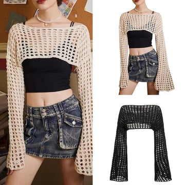 Women Hollow Out Crochet Crop Tops Shrug Spring Summer Long Sleeve O-Neck T-shirt Female Solid Color Knitted Shirt Cover Up - POA