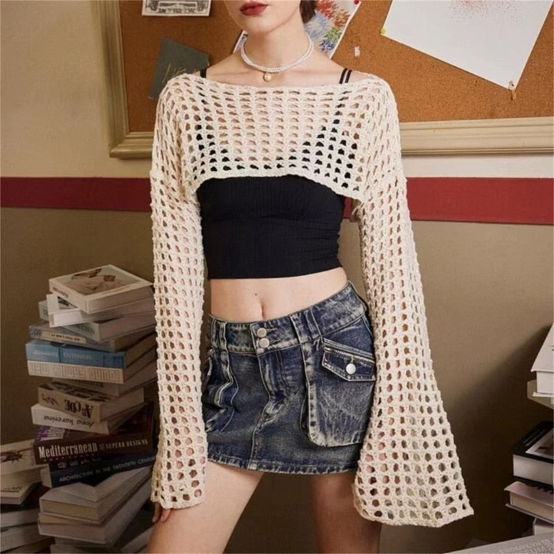 Women Hollow Out Crochet Crop Tops Shrug Spring Summer Long Sleeve O-Neck T-shirt Female Solid Color Knitted Shirt Cover Up - POA