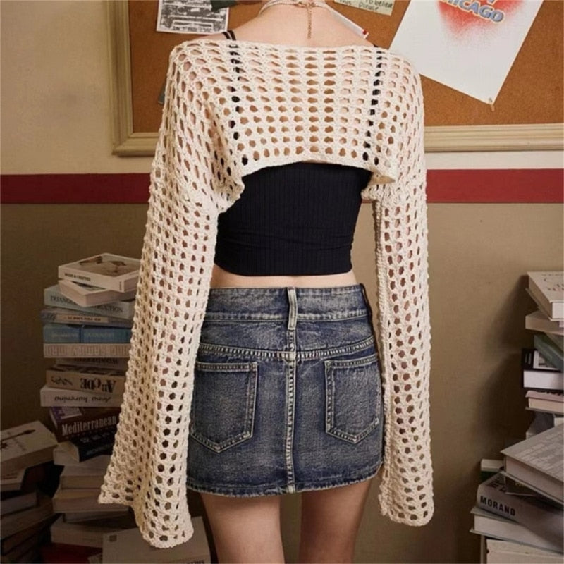 Women Hollow Out Crochet Crop Tops Shrug Spring Summer Long Sleeve O-Neck T-shirt Female Solid Color Knitted Shirt Cover Up - POA