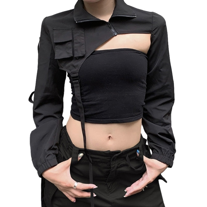 Women Y2K Turtleneck Crop Tops Shrug Irregular Jacket Short Coat Girl Casual Zip Up Cutout Long Sleeve Blouse Shirt Streetwear - POA