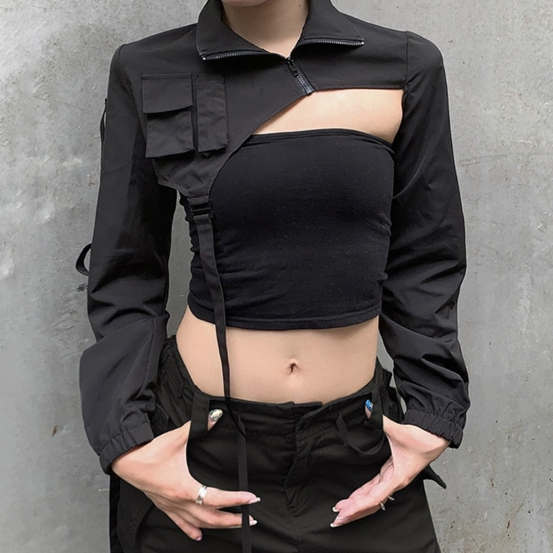 Women Y2K Turtleneck Crop Tops Shrug Irregular Jacket Short Coat Girl Casual Zip Up Cutout Long Sleeve Blouse Shirt Streetwear - POA