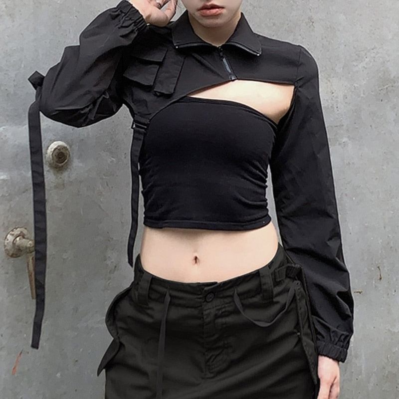 Women Y2K Turtleneck Crop Tops Shrug Irregular Jacket Short Coat Girl Casual Zip Up Cutout Long Sleeve Blouse Shirt Streetwear - POA