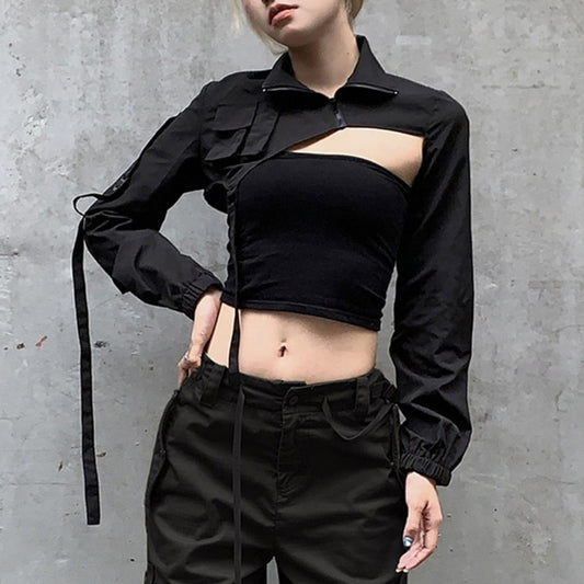 Women Y2K Turtleneck Crop Tops Shrug Irregular Jacket Short Coat Girl Casual Zip Up Cutout Long Sleeve Blouse Shirt Streetwear - POA