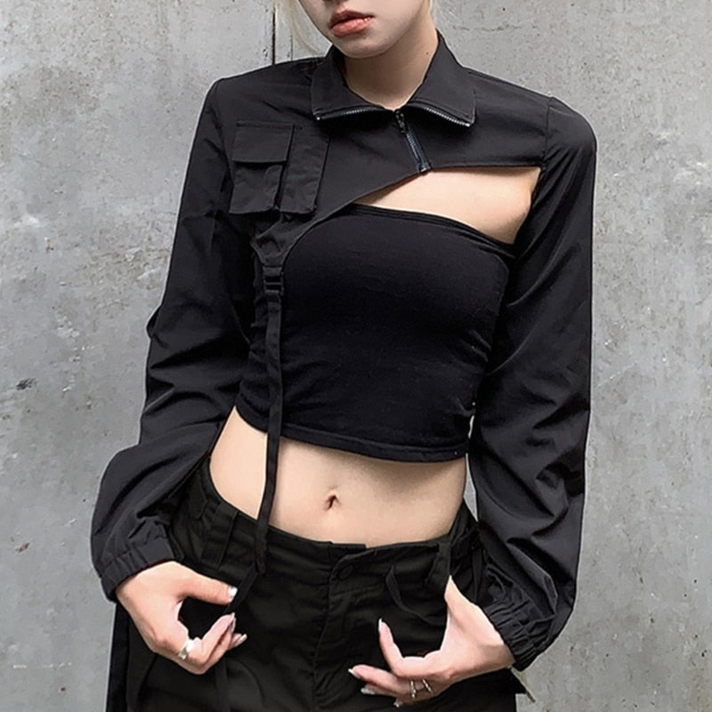 Women Y2K Turtleneck Crop Tops Shrug Irregular Jacket Short Coat Girl Casual Zip Up Cutout Long Sleeve Blouse Shirt Streetwear - POA