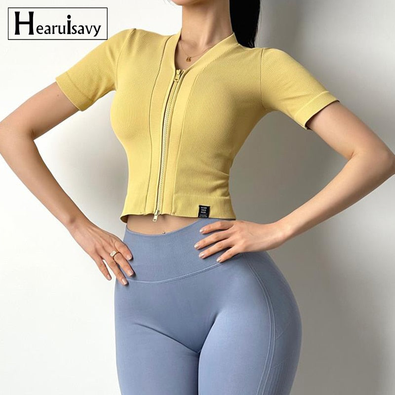 Women's Fitness Exercise Short Sleeve Push-Ups Jogging Pilates Yoga Jacket GYM Zip Training Clothes  Workout Tight Crop Top - POA