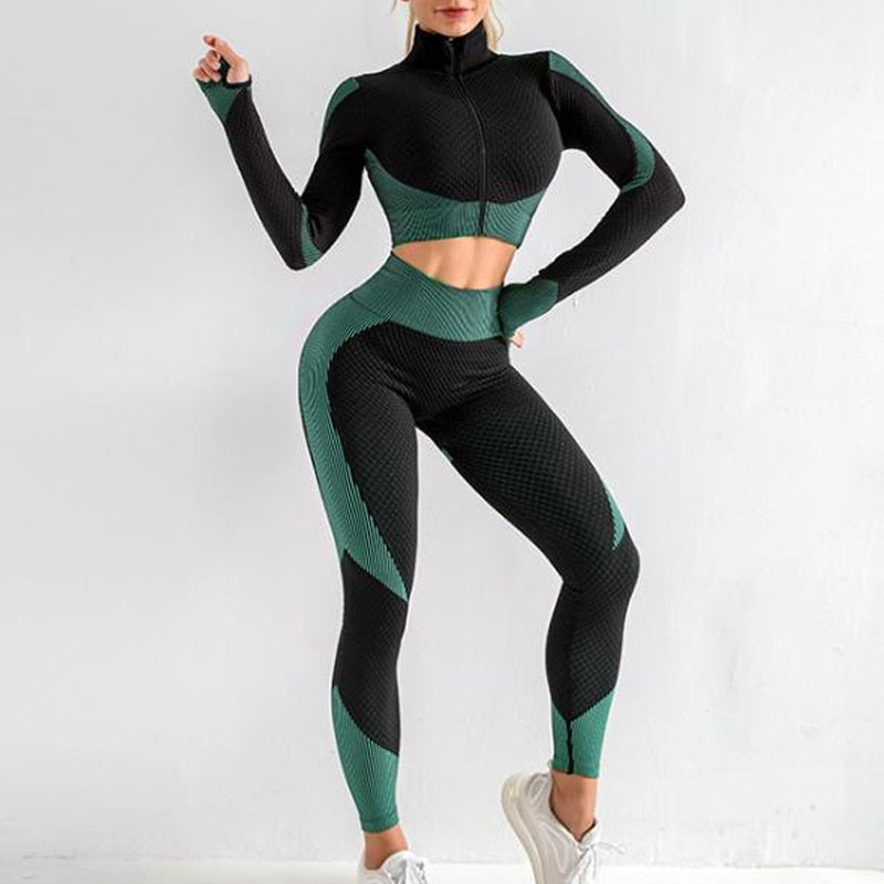 Women's Sexy Sports Bra Yest Fashion Slim Fitness High Waist Yoga Pants Set Seamless Casual Zipper Jacket Gym Leggings Suit - POA