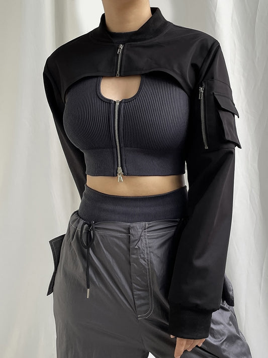 Extra Cropped Long Sleeve Street Fashion Black Zipper Jacket