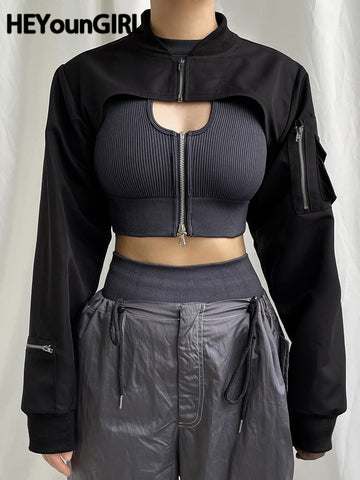 Extra Cropped Long Sleeve Street Fashion Black Zipper Jacket